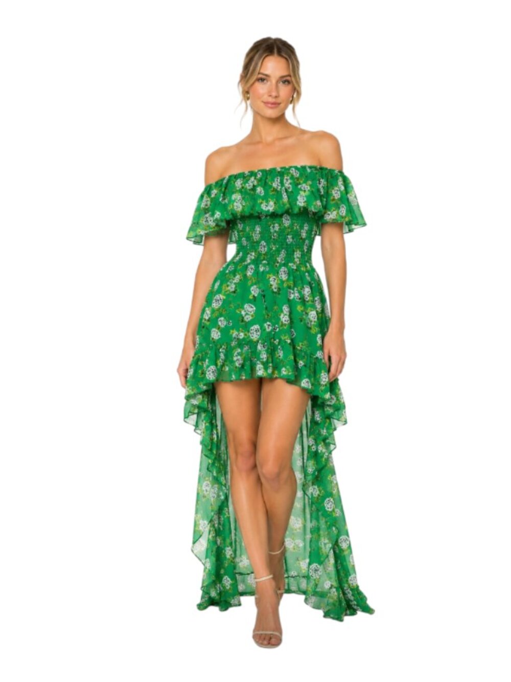 Caroline Constas Malta Smocked Dress Womens XXS Green Floral Off the Shoulder